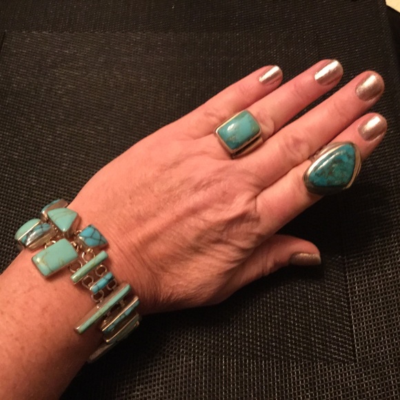 Huge Bold 3pc Artisan Genuine Turquoise .925 Stamped Sterling Trio “8 Rg’s 8 & 9 - Picture 3 of 16